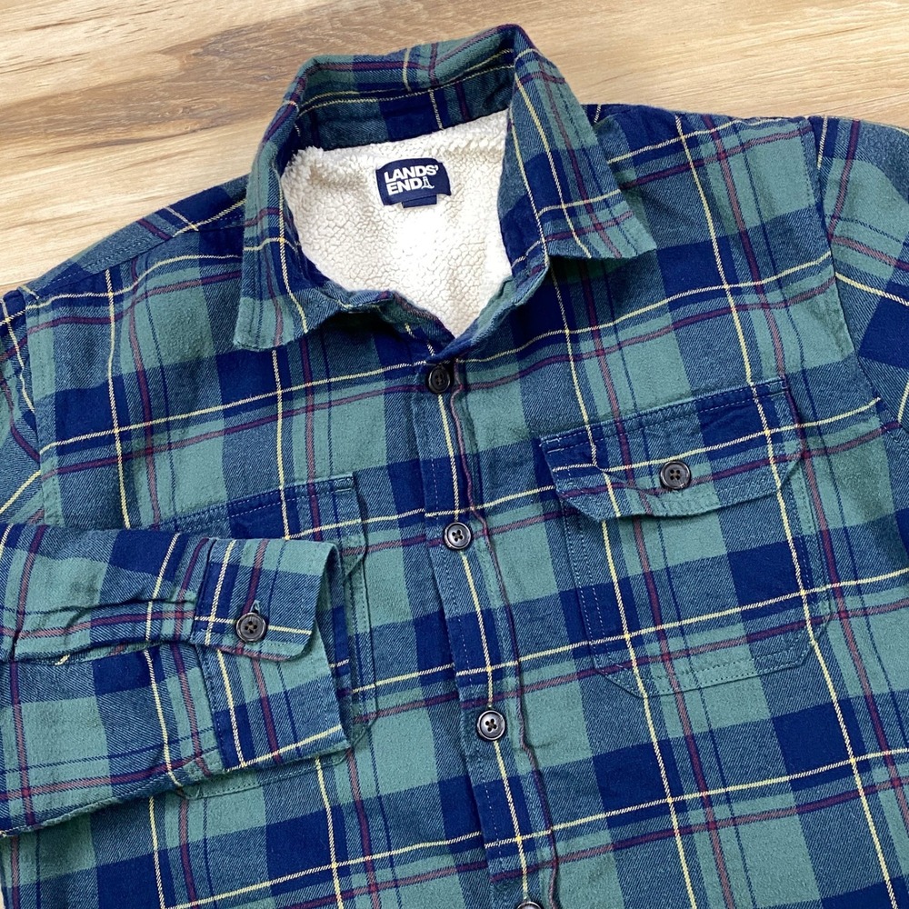 Lands End Flannel‎ Shirt Jacket Mens S Heritage Sherpa Lined Cotton Plaid Green